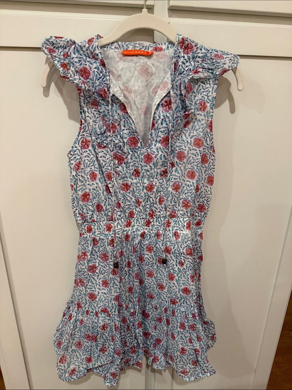 Oliphant Floral Blue and Red Sleeveless Ruffle Dress